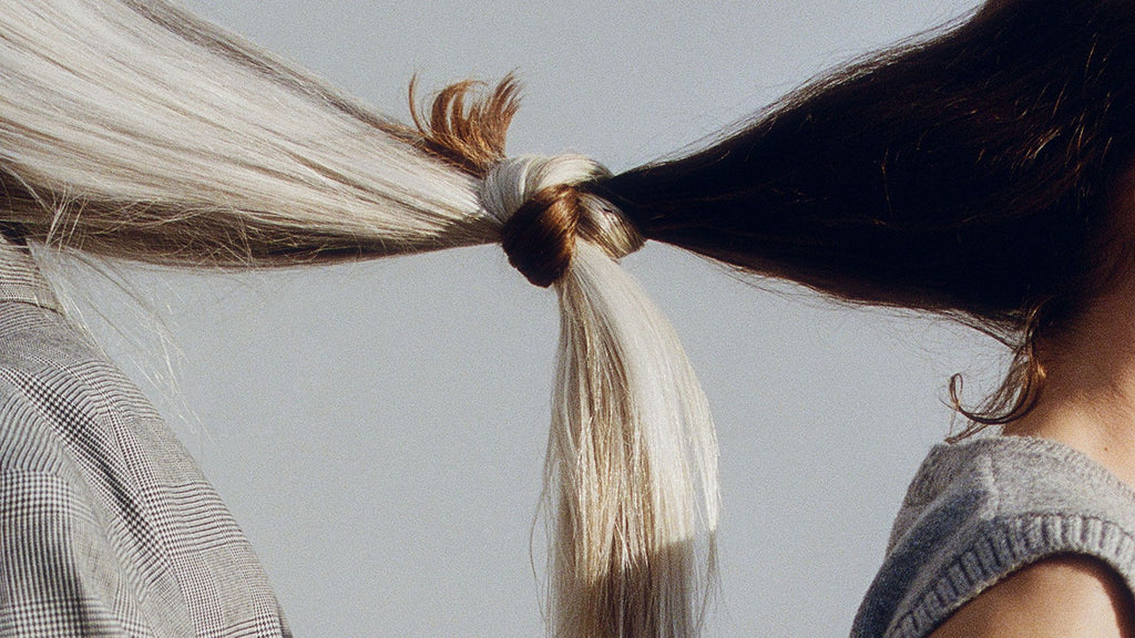 Models with long blonde and brunette hair tied together whilst facing away from eachother