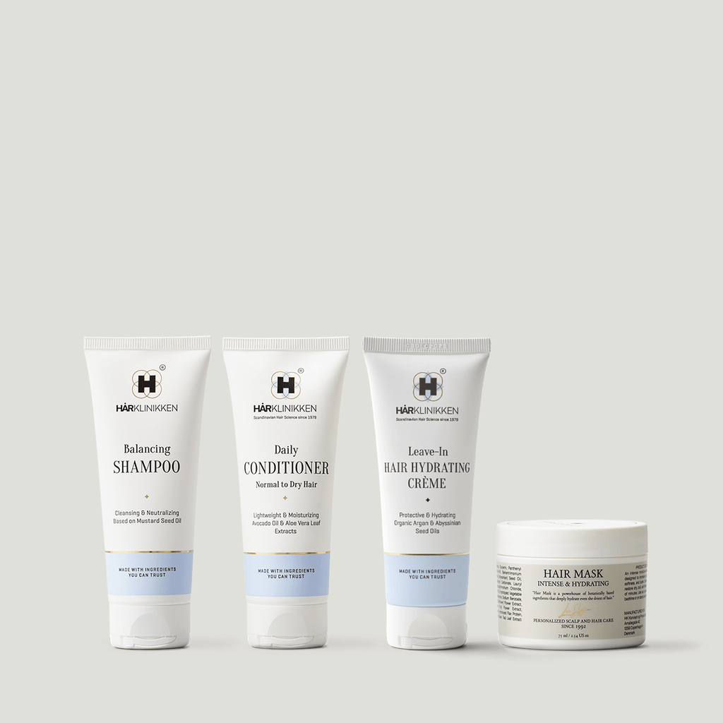 Harklinikken Travel Essentials Pack Shot with Balancing Shampoo, Daily Conditioner, Hair Hydrating Creme and Hair Mask 75ml bottles